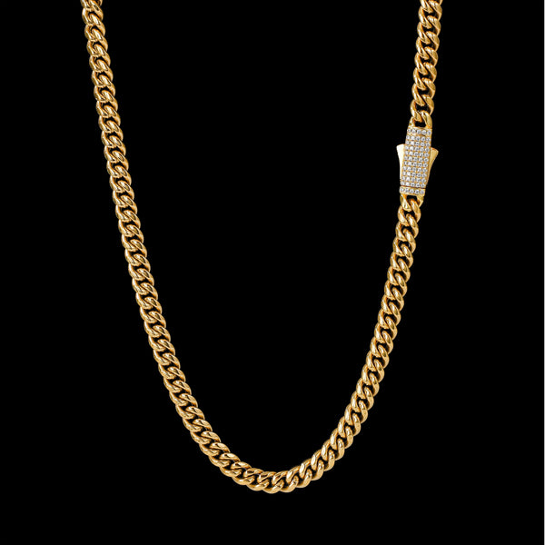 Cuban 8mm with Iced Sterling Silver Clasp - Gold RG115G