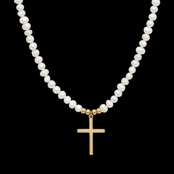 Bold Cross Pearl Necklace - Gold RG185G