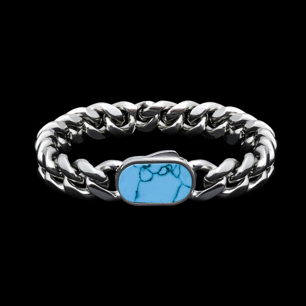 Turquoise Stone Cuban Bracelet - Silver RG368