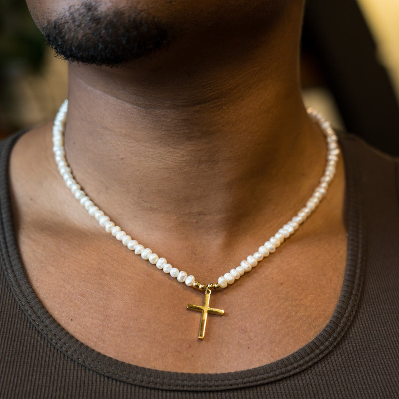 Bold Cross Pearl Necklace - Gold RG185G