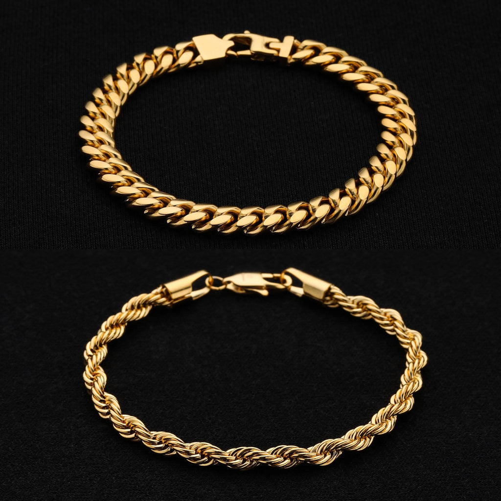 Cuban 8mm + Rope 5mm Bracelet Stack - Gold RG320+RG322 – rgmntco