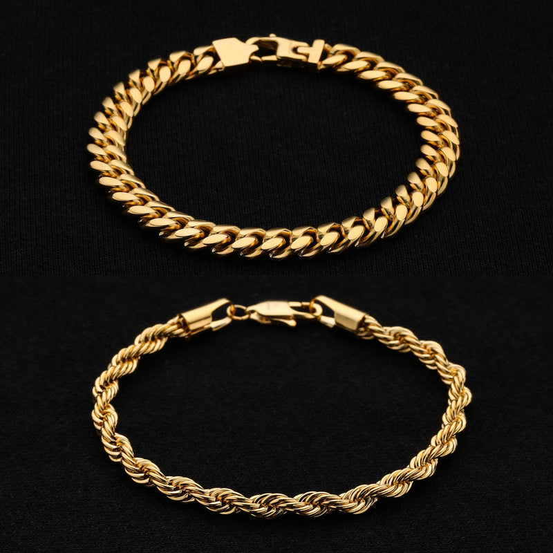 Cuban 8mm + Rope 5mm Bracelet Stack - Gold RG320+RG322 - rgmntco