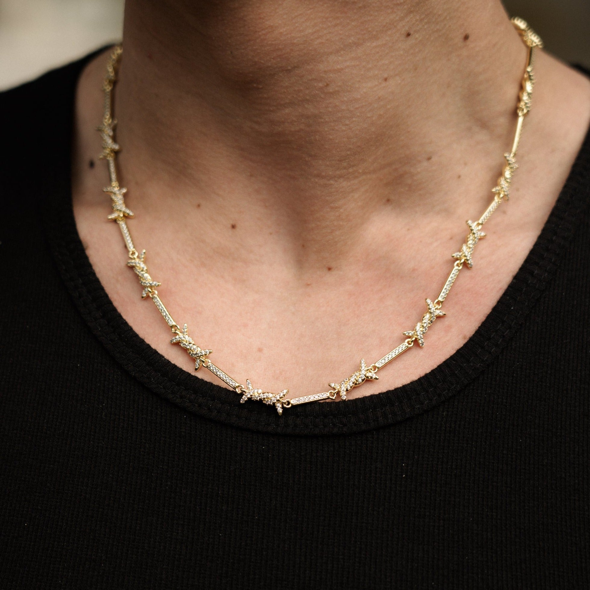 Iced Barbed Wire Necklace - Gold RG127G - rgmntco